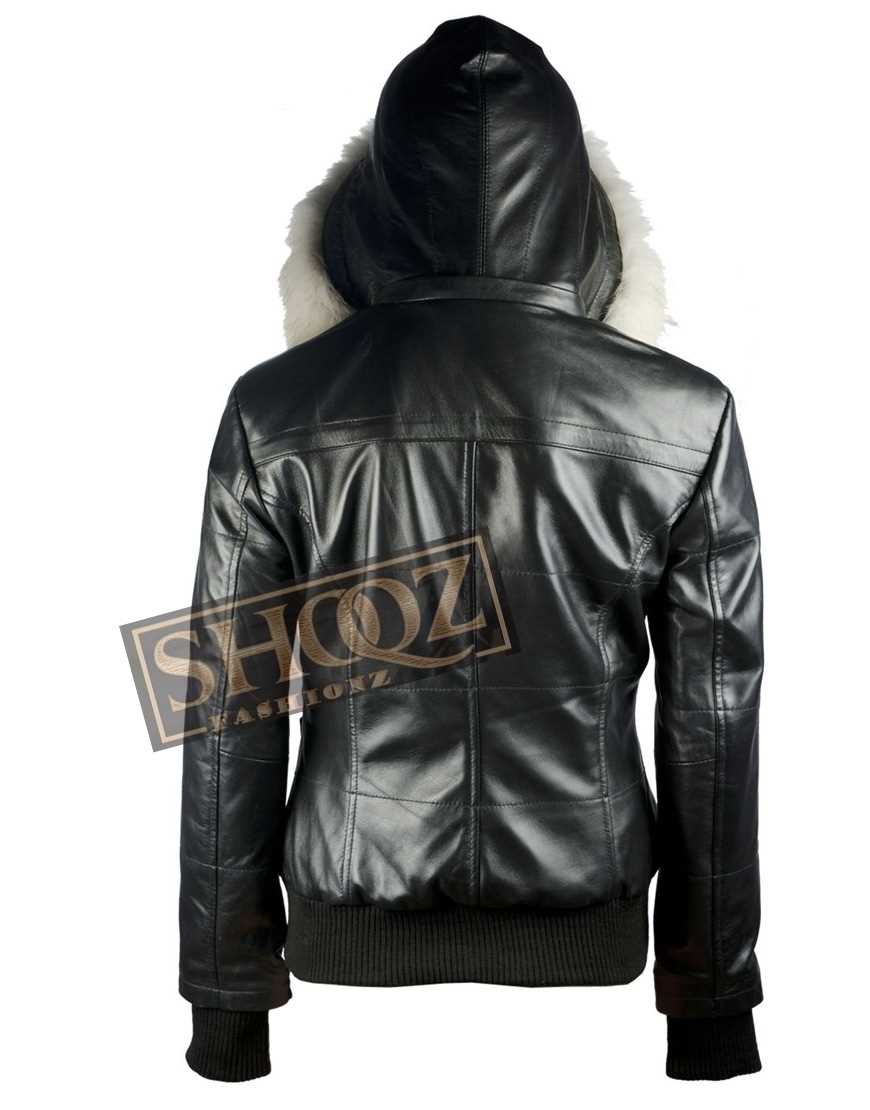 Women Bomber Fur Black Leather Hooded Jacket