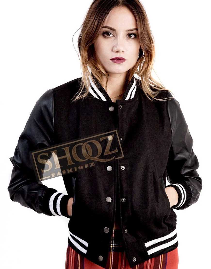 Ladies Bomber Varsity Black Leather Jacket