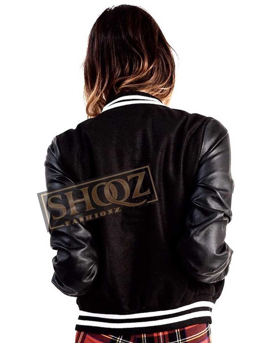Ladies Bomber Varsity Black Leather Jacket