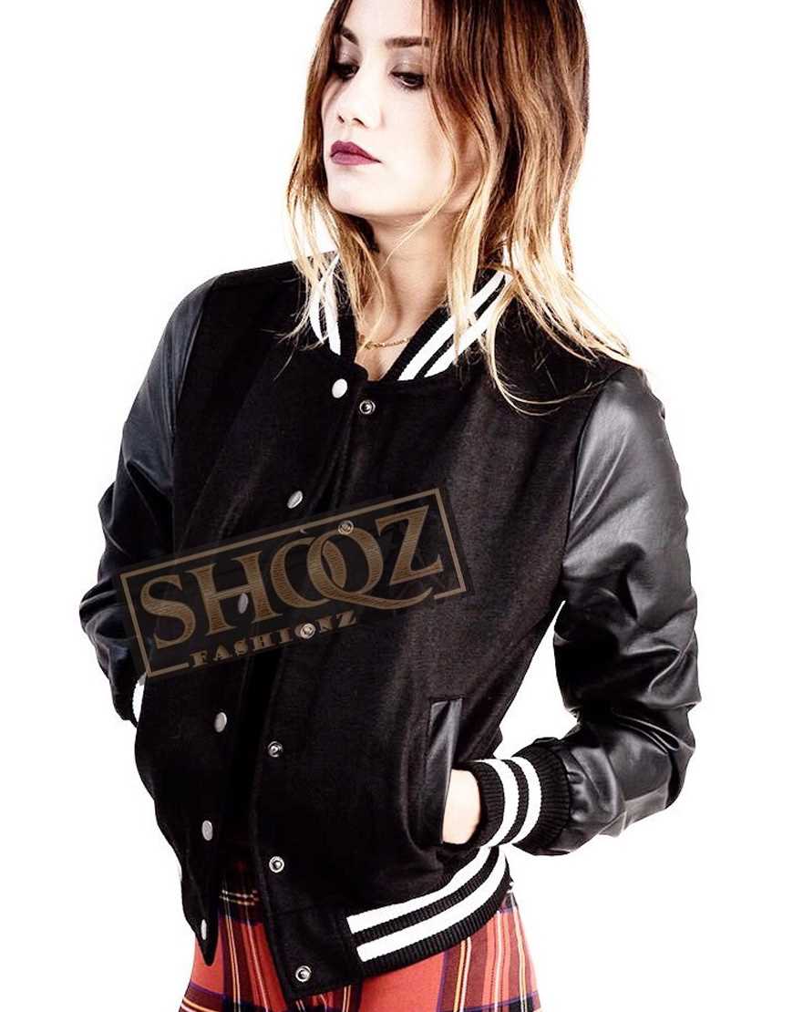 Ladies Bomber Varsity Black Leather Jacket