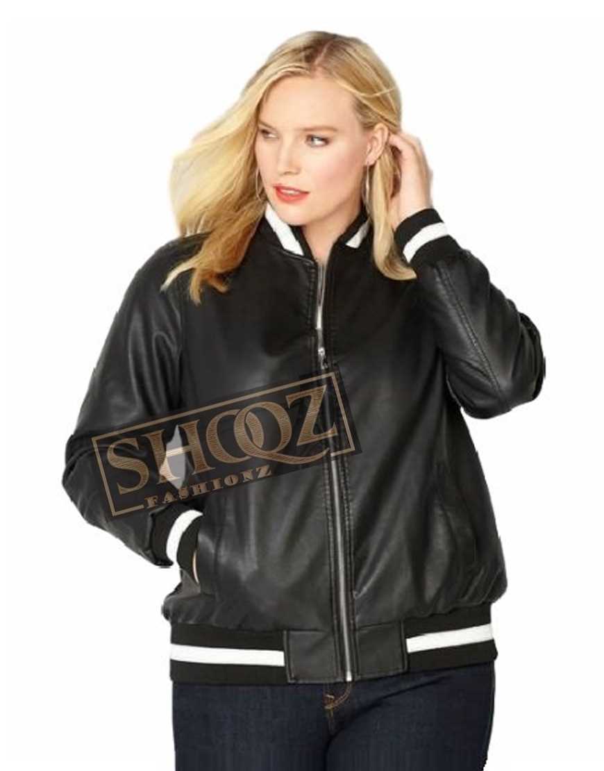 Women Varsity Bomber Black Leather Jacket