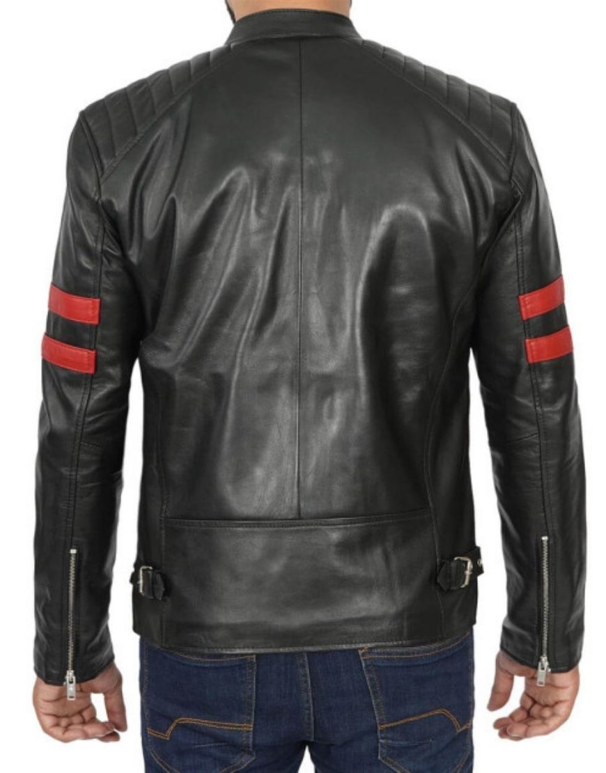 Cafe Racer Black Leather With Maroon Stripes Jacket