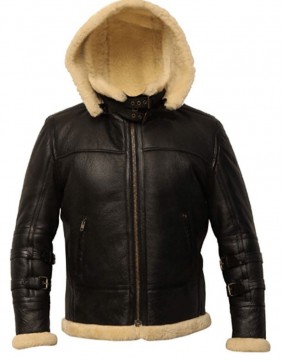 B3 Bomber Full Fur Removable Hood Black Leather Jacket