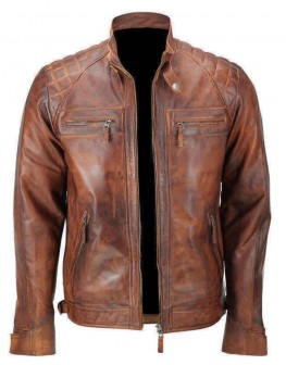 Classic Diamond Motorcycle Brown Distressed Leather Jacket