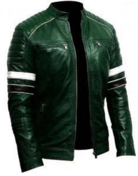 Men's Green Leather Bomber Jacket 