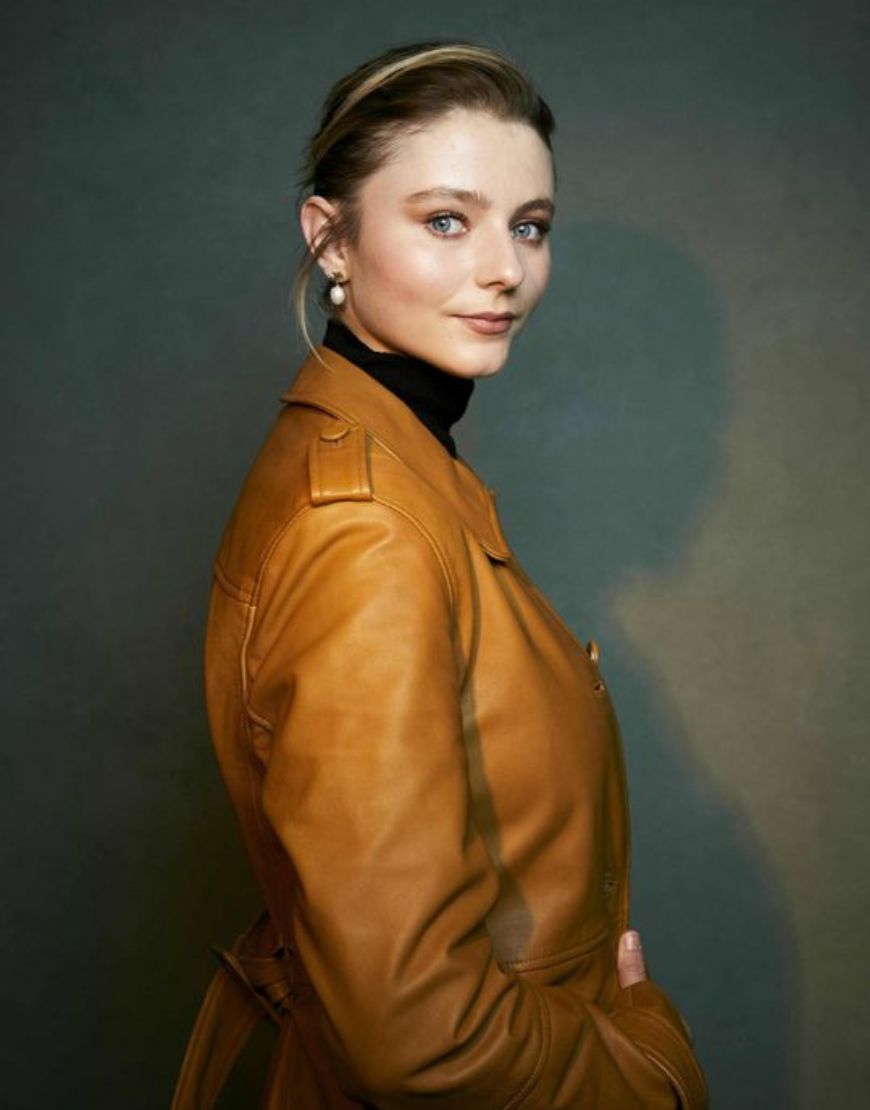 Eileen 2023 Thomasin McKenzie Brown Leather Coat