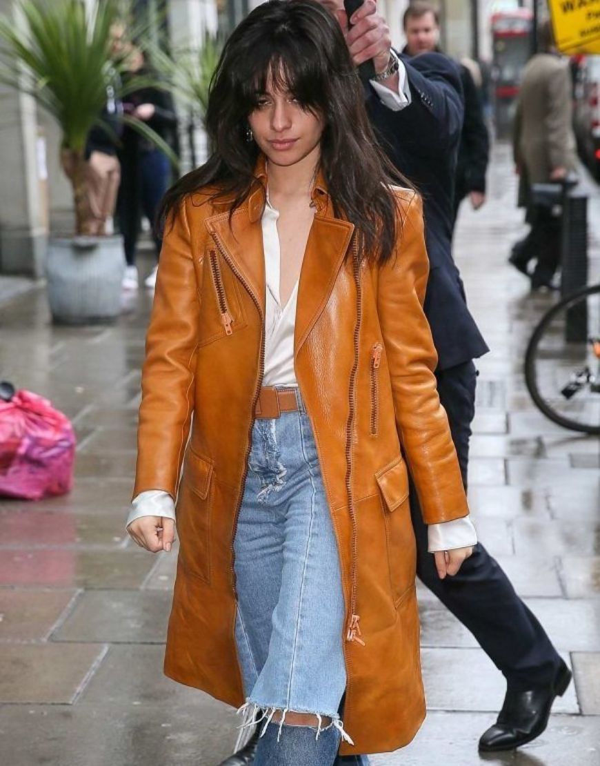 Camila Cabello Brown Leather Trench Coat