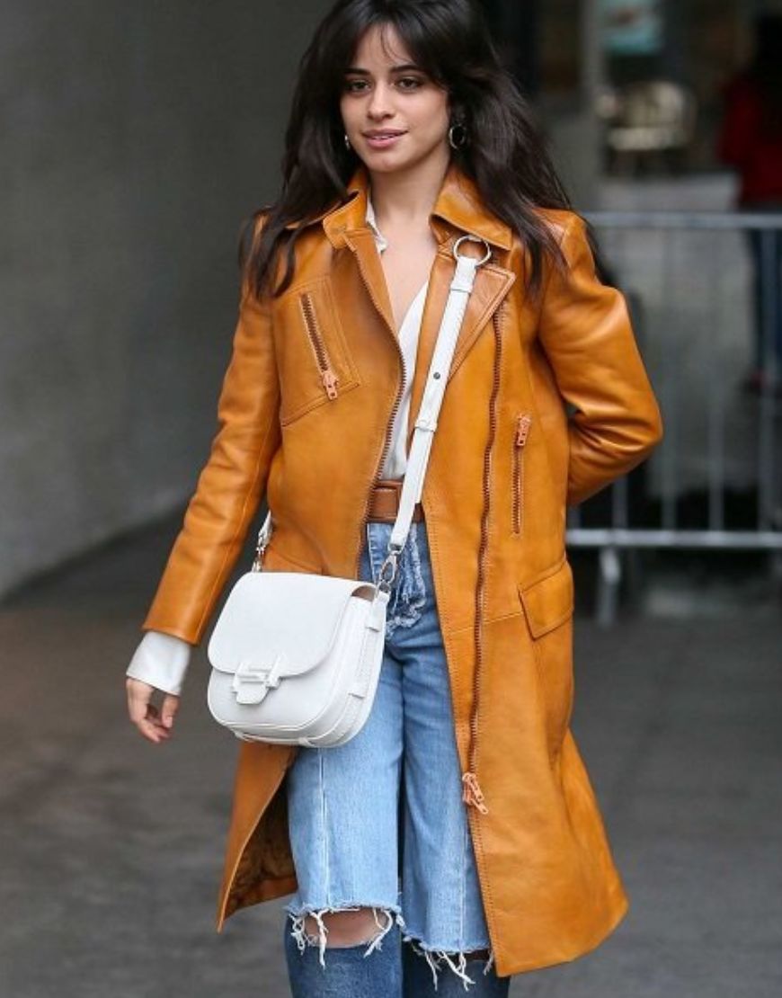 Camila Cabello Brown Leather Trench Coat