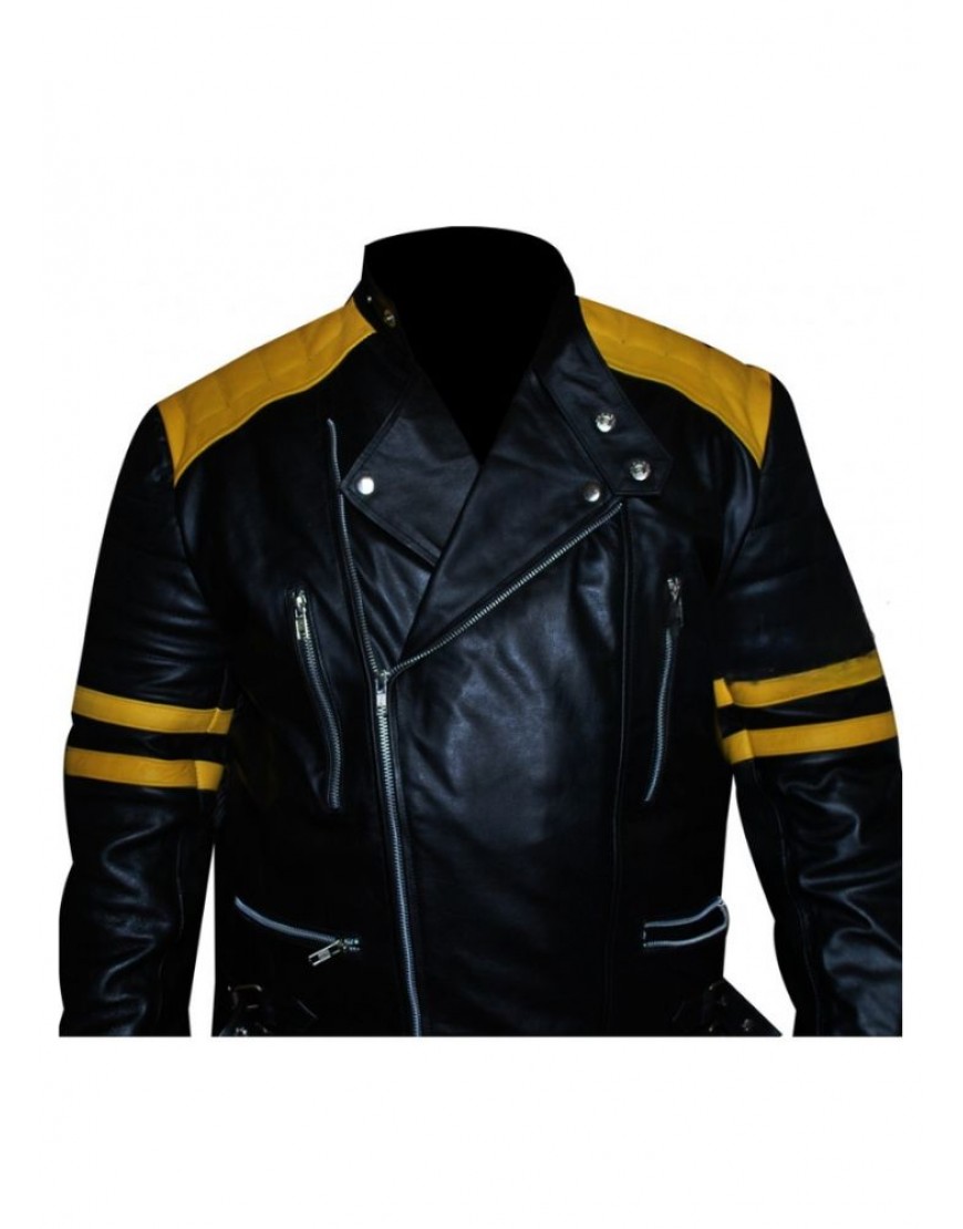 Men's Black Biker Yellow Stripes Leather Jacket 