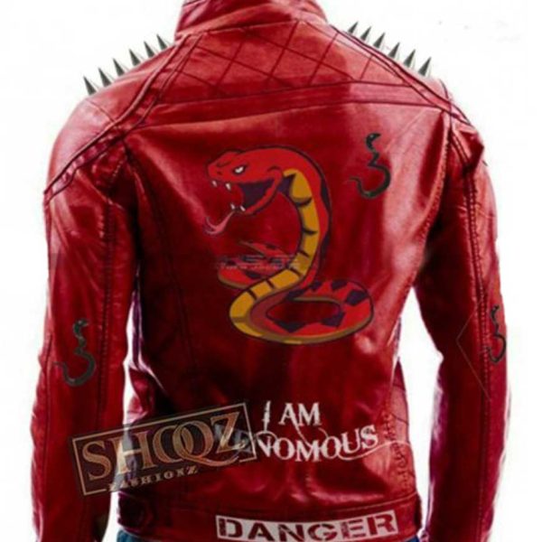 Mens Studded Danger Last I Am Venomous Spikes Red Jacket