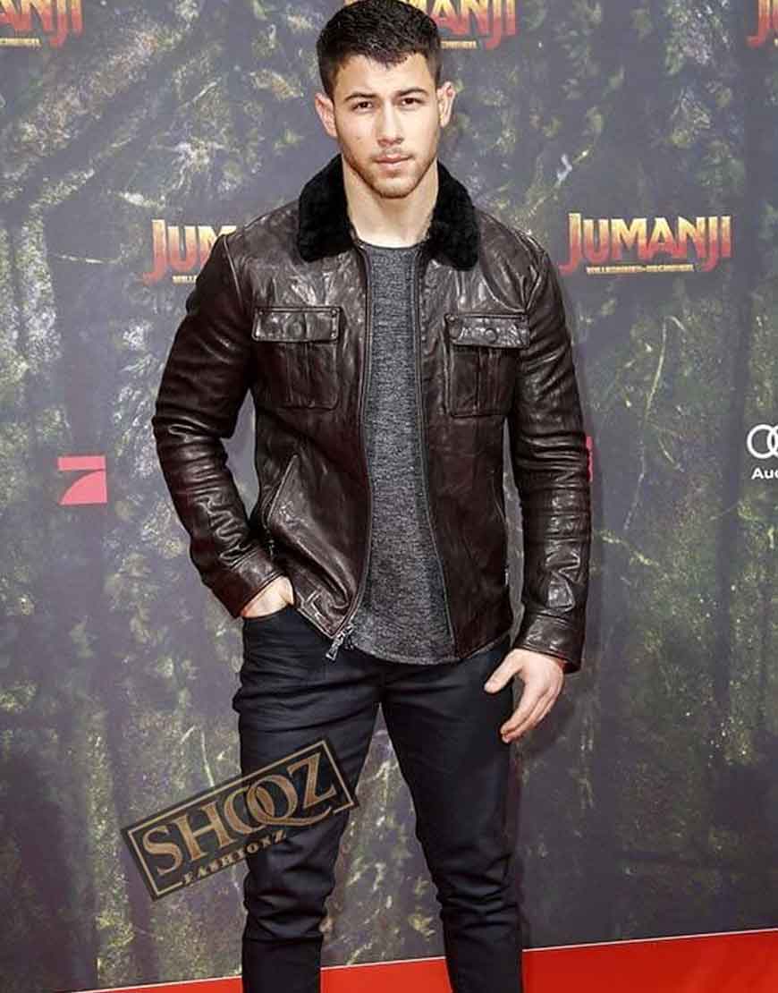 Jumanji: The Next Level (Seaplane) Nick Jonas Brown Leather Jacket 1 Jumanji: The Next Level (Seaplane) Nick Jonas Brown Leather Jacket