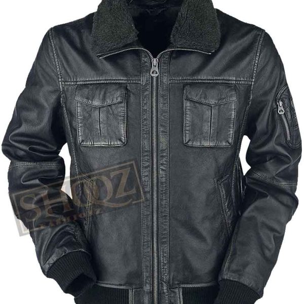 Mens Bike Racer Black Distressed Fur Collar Leather Jacket
