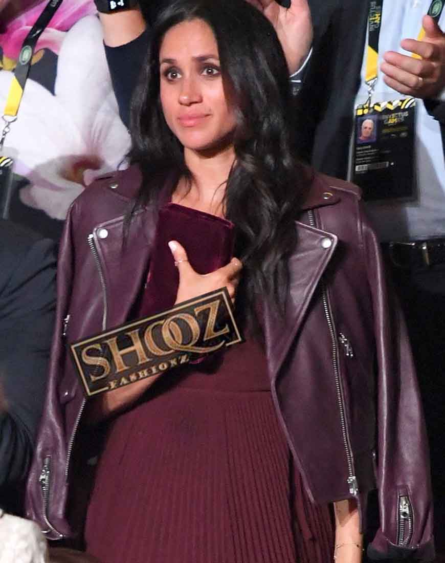 Meghan Markle Maroon Biker Leather Jacket 1 Meghan Markle Maroon Biker Leather Jacket