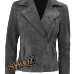 Womens Biker Grey Suede Asymmetrical Leather Jacket
