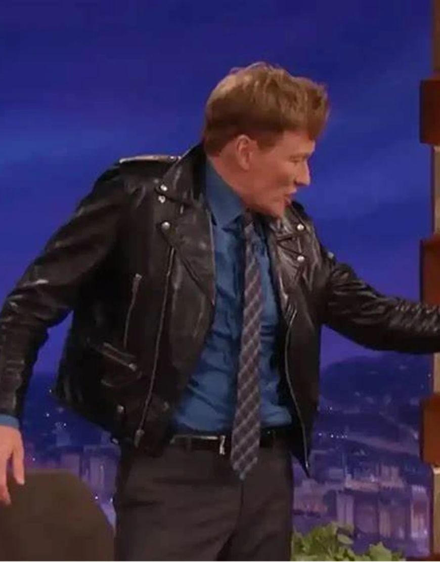 Conan O?Brien Biker Black Leather Jacket 1 Conan O?Brien Biker Black Leather Jacket
