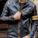 Distressed Cafe Racer Golden Stripe Leather Jacket