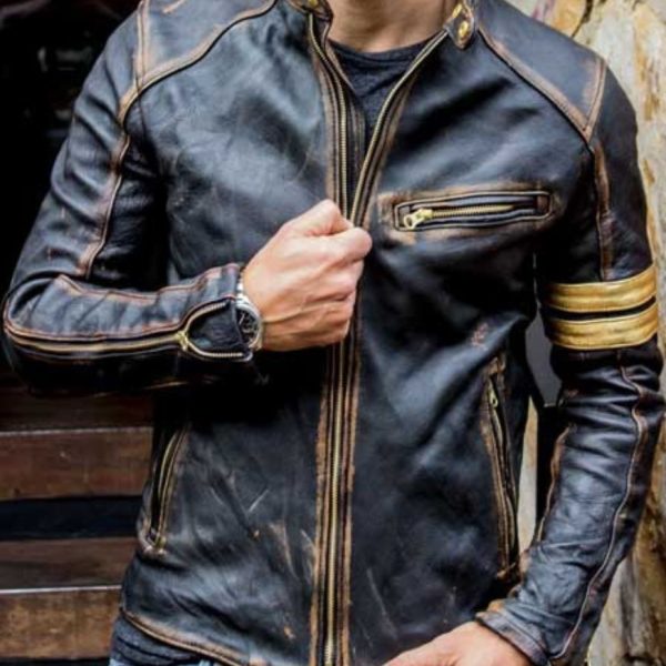 Distressed Cafe Racer Golden Stripe Leather Jacket