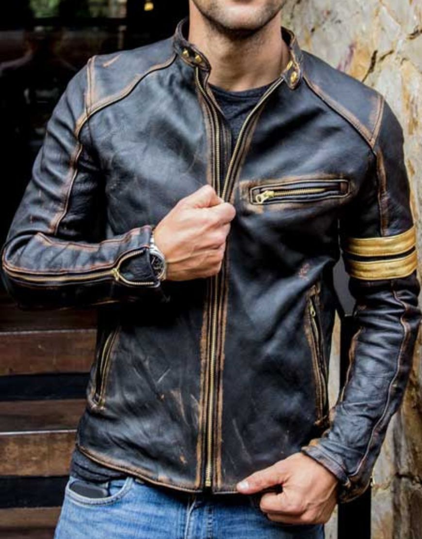 Distressed Cafe Racer Golden Stripe Leather Jacket 1 Distressed Cafe Racer Golden Stripe Leather Jacket