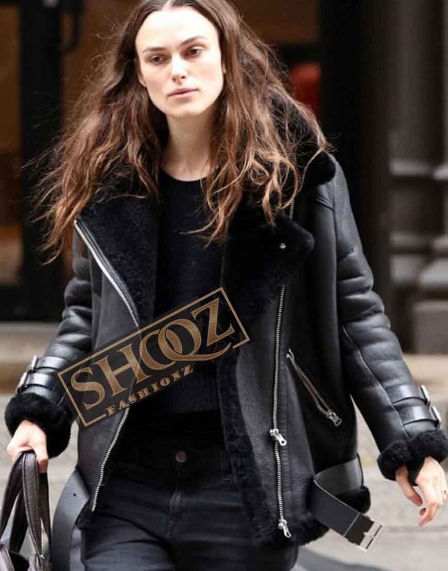 Keira Knightley Black Shearling Jacket 1 Keira Knightley Black Shearling Jacket