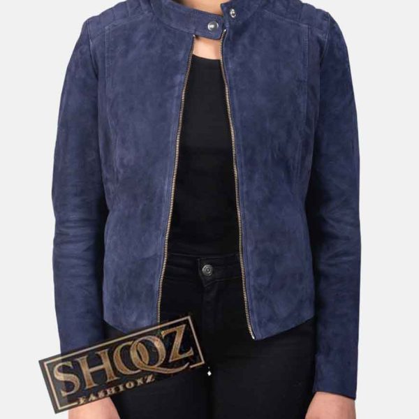 Kelsee Navy Blue Suede Biker Jacket For Women