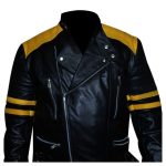 Men's Black Biker Yellow Stripes Leather Jacket