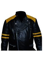 Men's Black Biker Yellow Stripes Leather Jacket