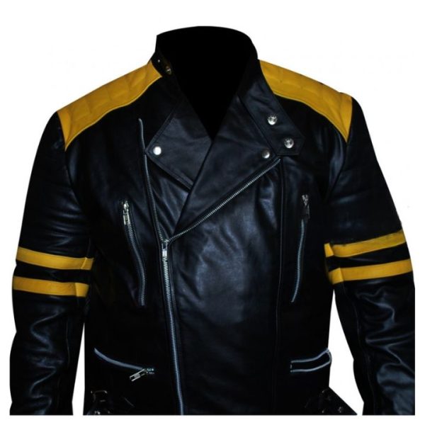Men's Black Biker Yellow Stripes Leather Jacket