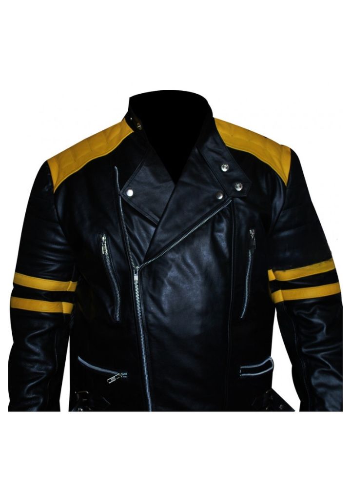 Men's Black Biker Yellow Stripes Leather Jacket 1 Men's Black Biker Yellow Stripes Leather Jacket