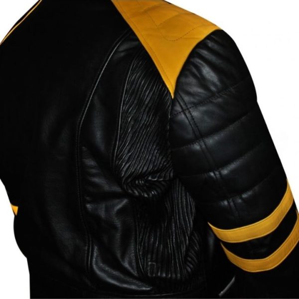 Men's Black Biker Yellow Stripes Leather Jacket