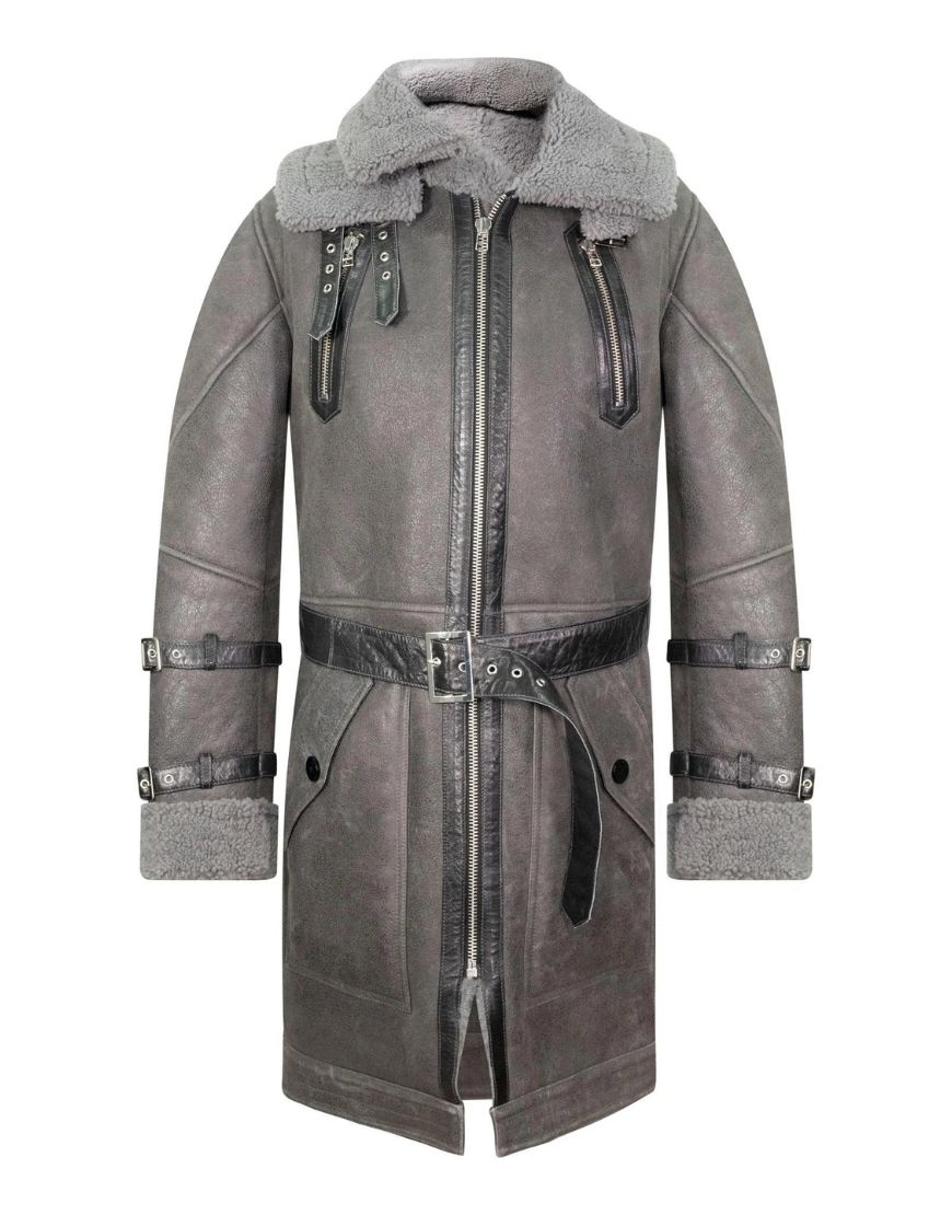 Men's Grey Sheepskin Trench Coat