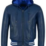 Men?s Blue Hooded Leather Jacket
