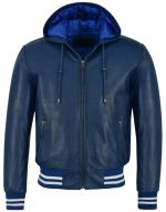 Men?s Blue Hooded Leather Jacket