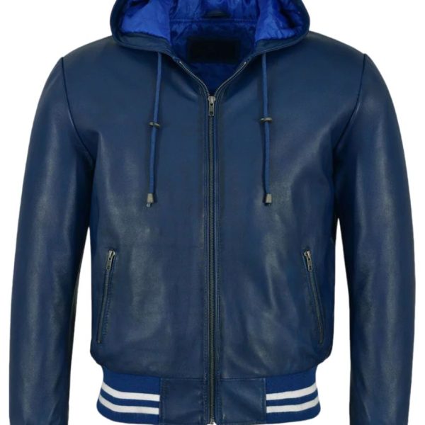 Men?s Blue Hooded Leather Jacket