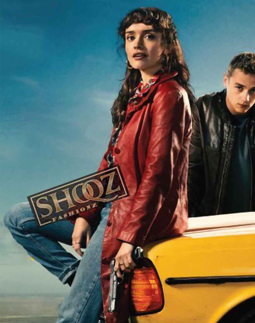 Olivia Cooke Pixie Red Leather Coat 1 Olivia Cooke Pixie Red Leather Coat