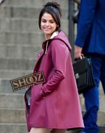 Selena Gomez Purple Leather Coat