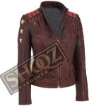 New Women's Distressed Stars Vintage Stripes Style Cafe Racer Leather Jacket