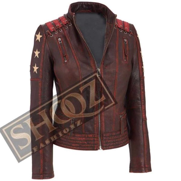 New Women's Distressed Stars Vintage Stripes Style Cafe Racer Leather Jacket