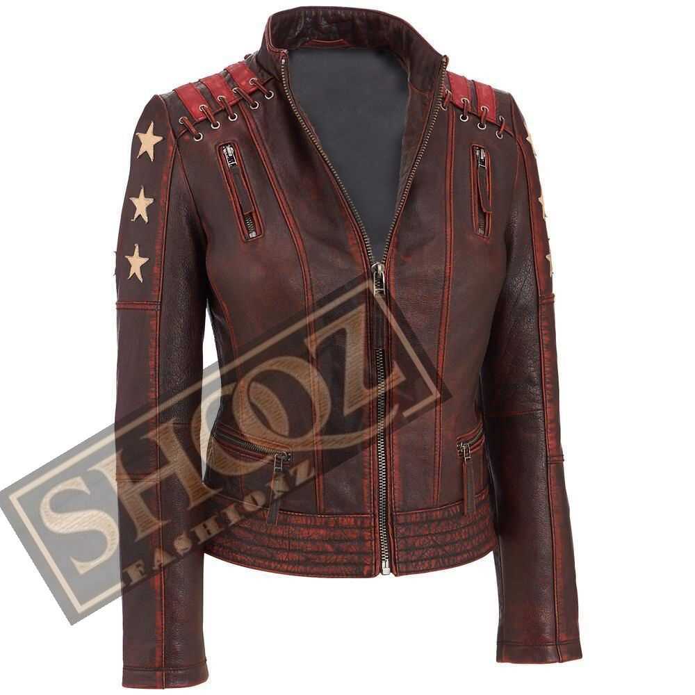 New Women's Distressed Stars Vintage Stripes Style Cafe Racer Leather Jacket