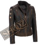 New Women's Distressed Stars Vintage Stripes Style Cafe Racer Leather Jacket