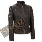 New Women's Distressed Stars Vintage Stripes Style Cafe Racer Leather Jacket