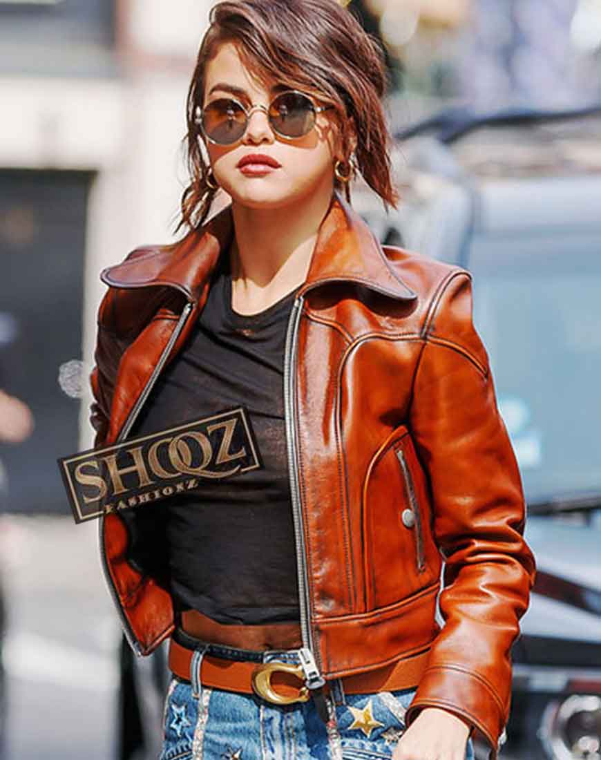 Selena Gomez Brown Leather Jacket 1 Selena Gomez Brown Leather Jacket