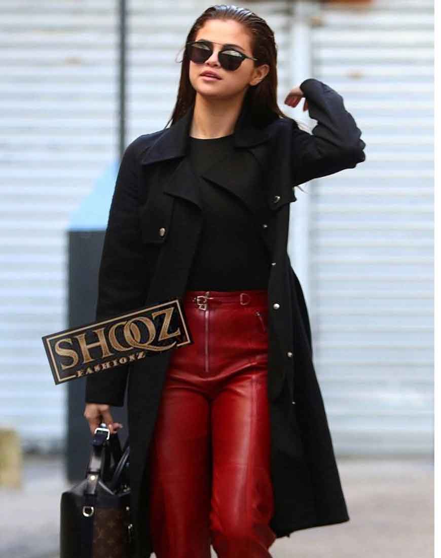 Selena Gomez Trench Coat & Red Leather Pant 1 Selena Gomez Trench Coat & Red Leather Pant