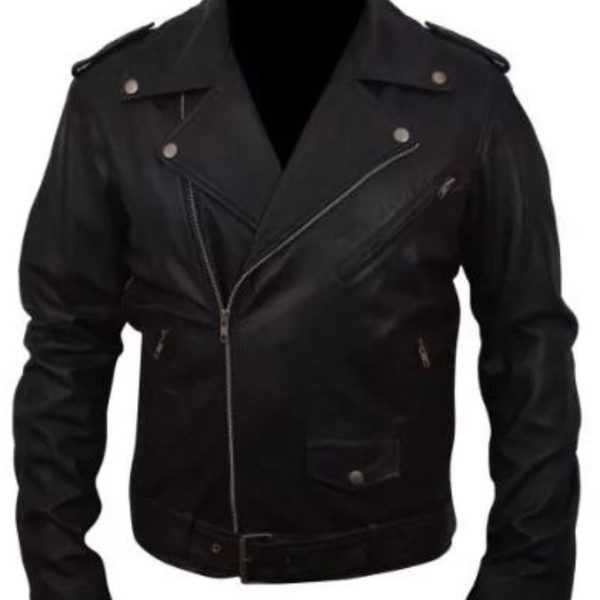 Slim Fit Belted Rider Black Jacket