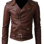 Slim Fit Belted Rider Pocket Brown Cowhide Jacket