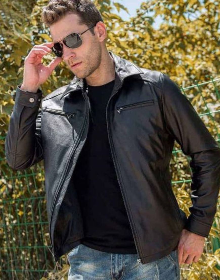 Slim Fit Shirt Style Collar Black Leather Jacket 1 Slim Fit Shirt Style Collar Black Leather Jacket