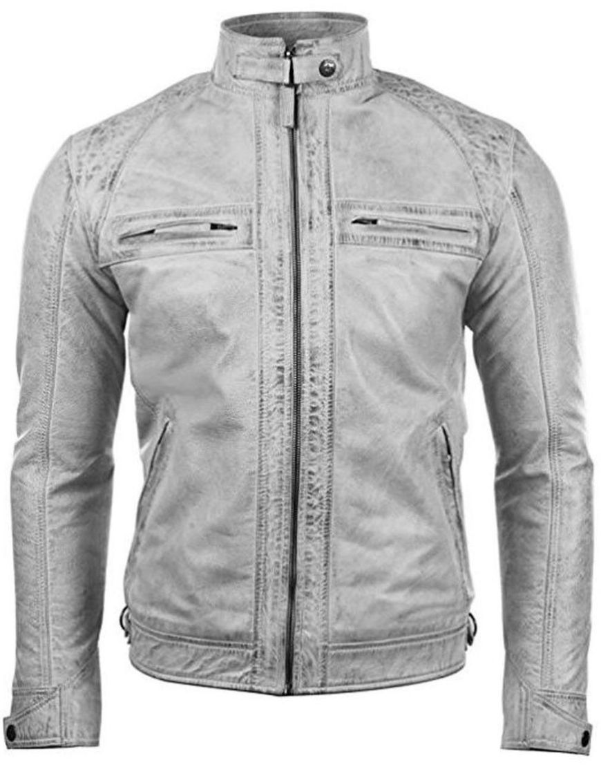 Men's White Quilted Cafe Racer Biker Jacket 1 Men's White Quilted Cafe Racer Biker Jacket
