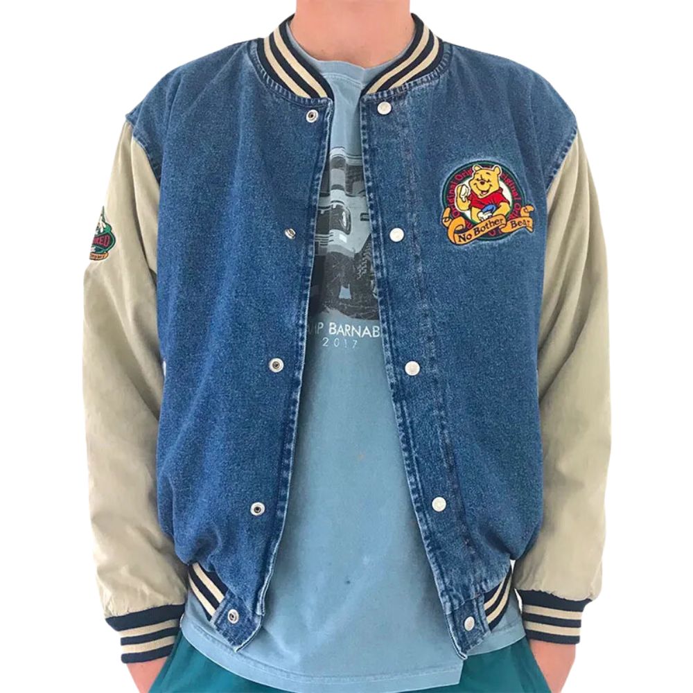 Winnie The Pooh Blue Denim Varsity Jacket 1 Winnie The Pooh Blue Denim Varsity Jacket