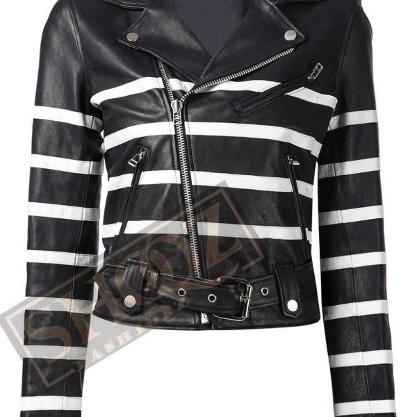 New Women's Black and White Striped Leather Biker Jacket
