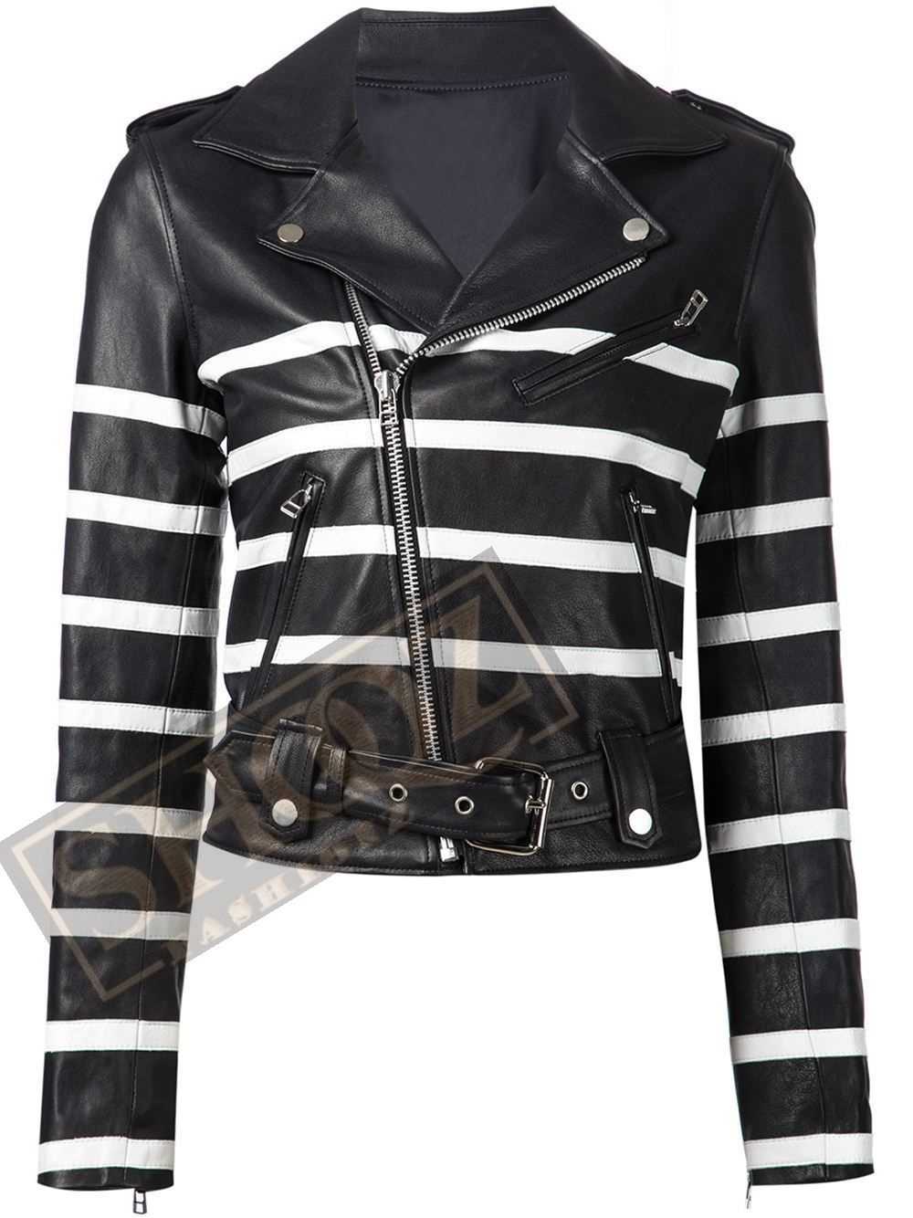 New Women's Black and White Striped Leather Biker Jacket