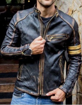 Distressed Cafe Racer Golden Stripe Leather Jacket